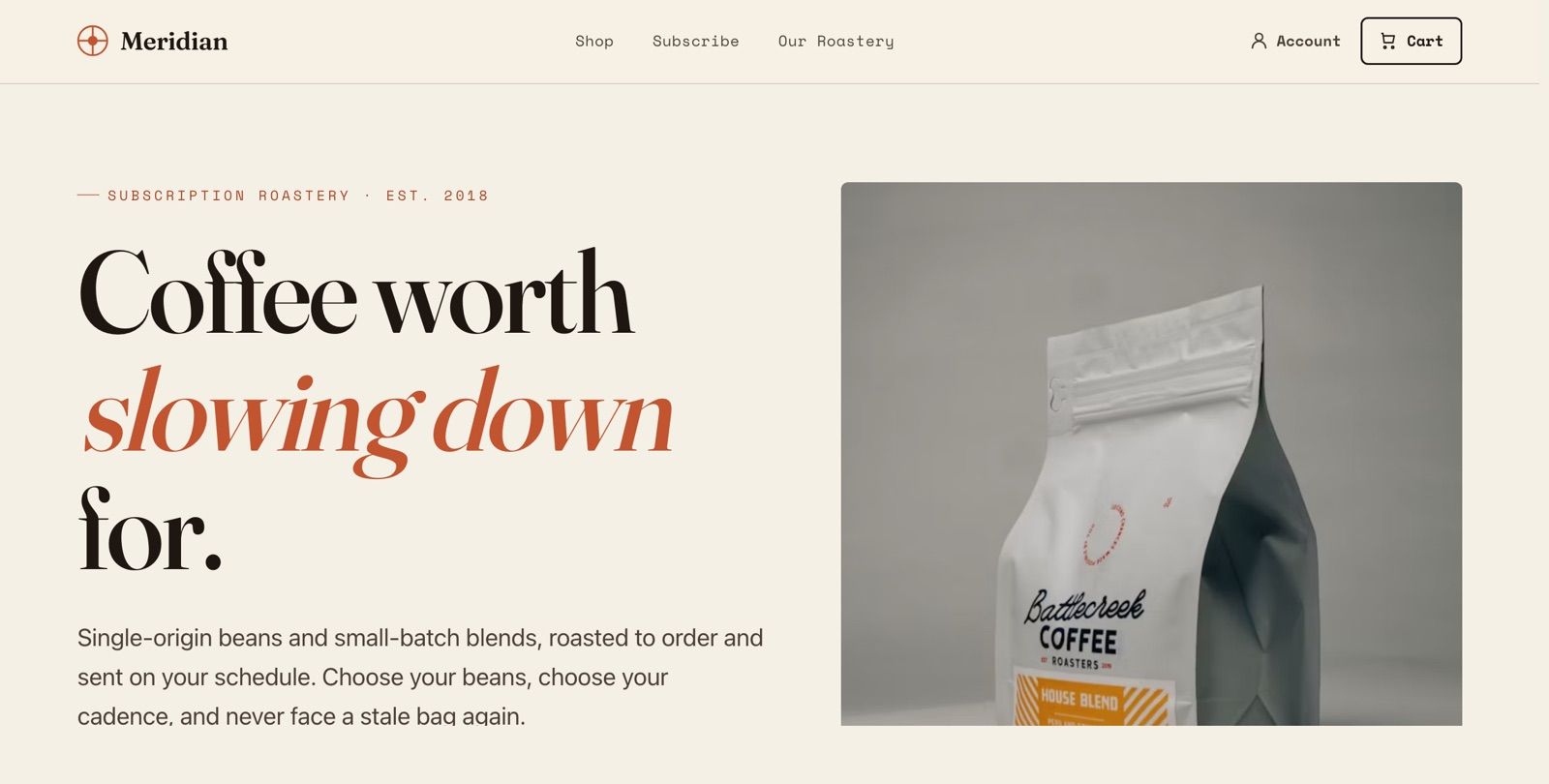 Homepage of the Meridian Coffee site